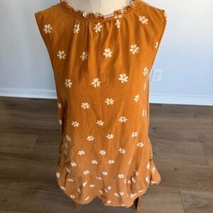Linen Blend Daisy Print Mini Dress Womens L Rust Boho Cottagecore Ruffle Summer